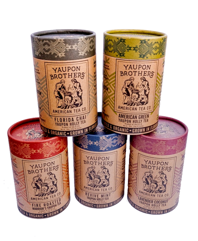 five yaupon brothers organic yaupon tea stacked on top of each other
