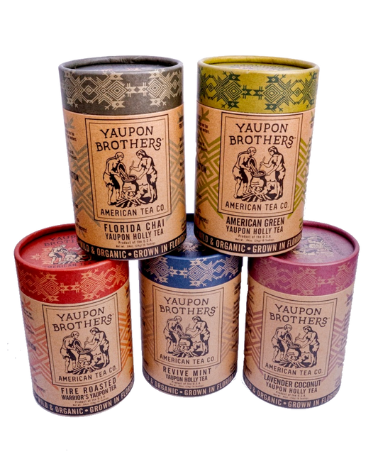 five yaupon brothers organic yaupon tea stacked on top of each other